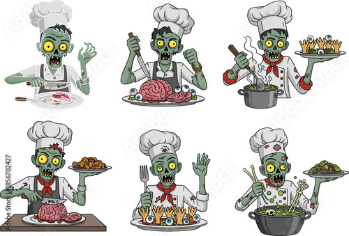 Zombie chef cartoon vector illustration, horror cooking theme, brain food, creepy kitchen, Halloween character, cad drawing flat vector illustration, grotesque humor
