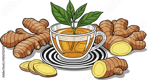 Delicious ginger root tea infusion with fresh green leaves surrounded