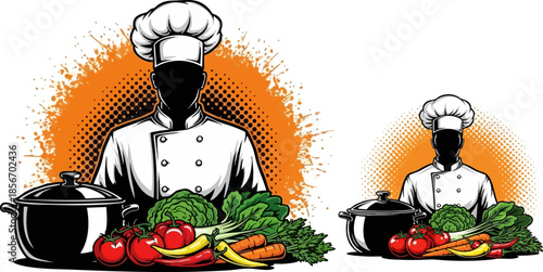 Chef icons featuring professional cooks with fresh vegetables and pots