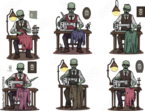 Zombie tailor cartoon vector illustration, horror sewing theme, undead fashion maker, creepy garment workshop, cad drawing flat vector illustration, Halloween humor