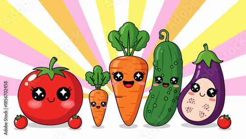 Cute kawaii cartoon vegetables smiling brightly with happy faces