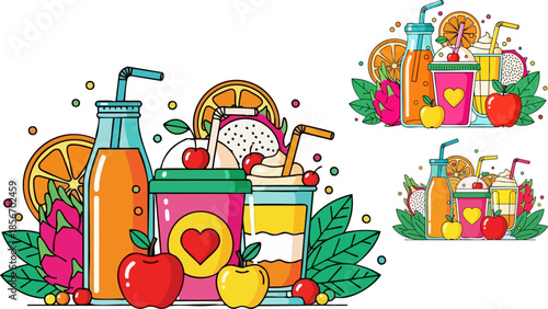 Assortment of colorful fresh fruit juices and healthy smoothies drinks