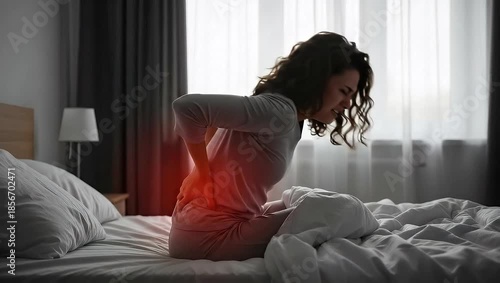 Woman sitting up with severe lower back pain gripping her lumbar area in a bright bedroom