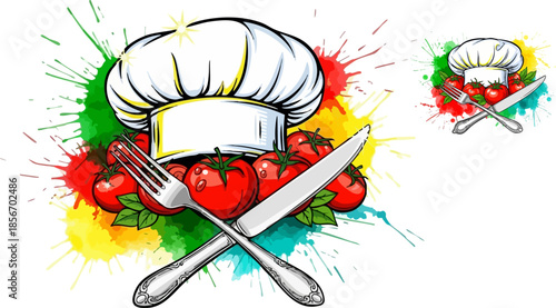 Chef hat tomatoes fork and knife watercolor splash logo design