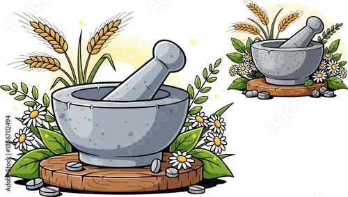 Stone mortar and pestle preparing herbal remedies with wheat stalks