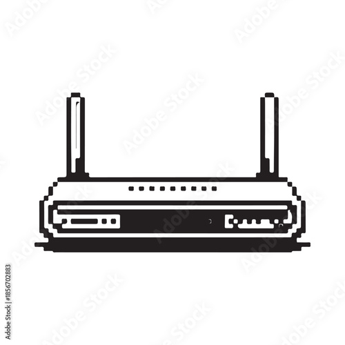 Pixelated illustration of a wireless router with dual antennas black and white