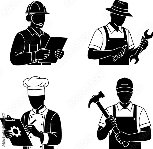 Profession icon set, black silhouette vector, skilled labor illustration, construction chef mechanic graphics, occupational symbol design, trade worker elements