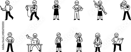 Professional character icon set, black silhouette vector, academic and career activity illustrations, workplace role graphics, cartoon business design elements