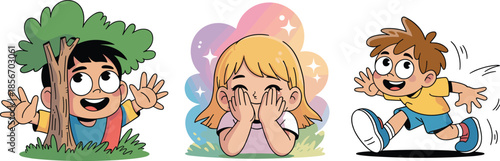 Cartoon children playing hide and seek, outdoor fun, cheerful kids activity, childhood game, playful moment, vector illustration for stock, vibrant design