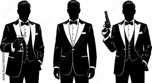 Tuxedo man silhouette set, black formal vector, spy agent illustration, martini gun pose graphics, elegant character design elements