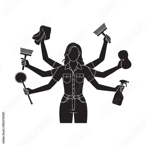 Multitasking cleaner with multiple arms holding various cleaning tools