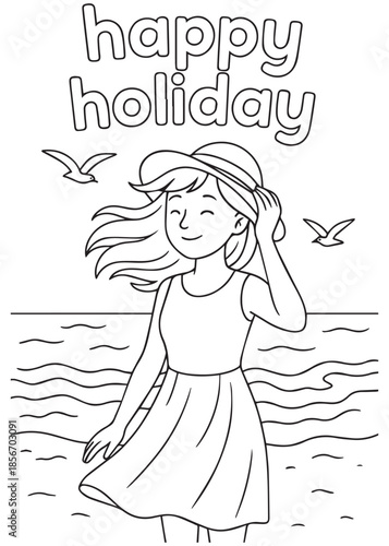 coloring book mother enjoying seaside breeze while walking along the beach with flowing dress