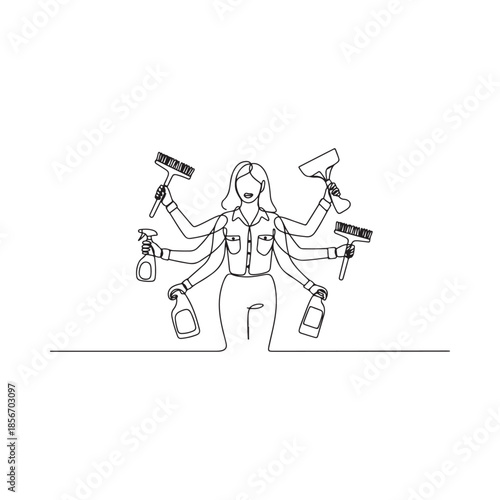 Woman with multiple arms holding cleaning supplies in a minimalist line drawing
