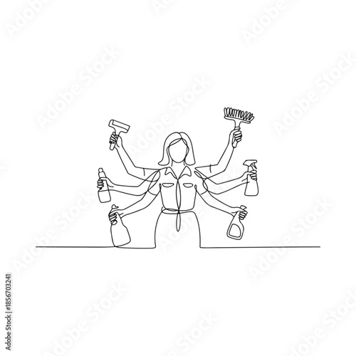 Line art illustration of a woman holding multiple cleaning supplies