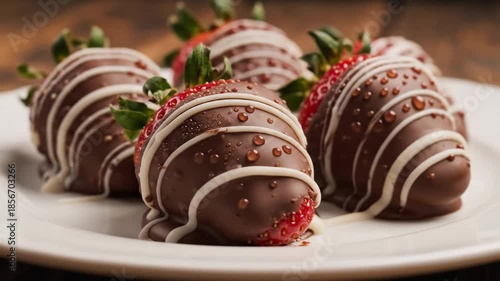 Chocolate covered strawberries on white plate dessert food photography
