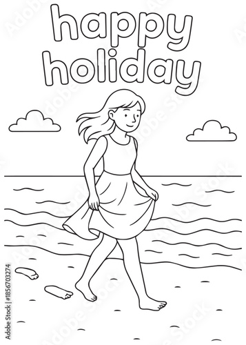 coloring book mother walking barefoot along the shoreline enjoying a peaceful beach moment