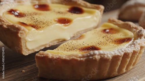 Close up of a delicious baked custard tart on a wooden surface