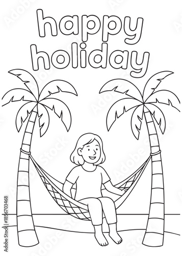 coloring book mother relaxing on hammock between palm trees at the beach