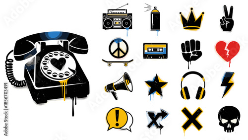 Collection of graffiti icons in urban art style, graphic elements for design.