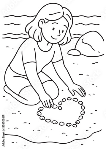 coloring book mother creating a stone circle near the shoreline