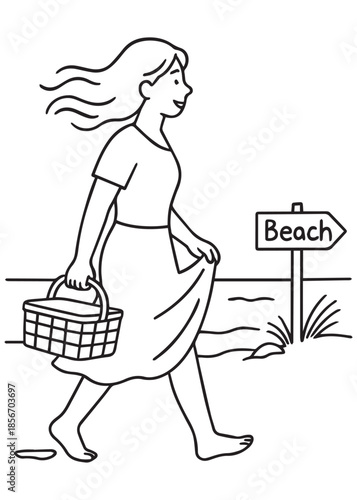 coloring book mother walking along the beach carrying a picnic basket