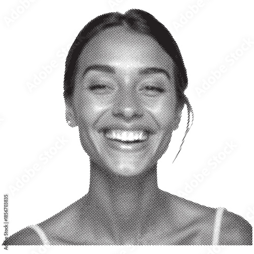 A halftone portrait of a smiling young woman in grayscale showcasing a joyful expression