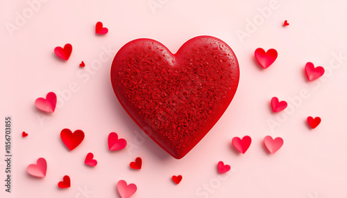 Red heart shape centered on a soft pink background with scattered small hearts symbolizing love romance and valentines day.