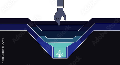 A hand in a suit carefully places a delicate glowing object into a deep, layered well with dark blue and teal tones.
