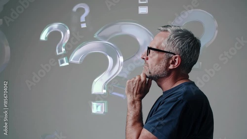 A thoughtful middle-aged man wearing glasses, hand on chin, surrounded by floating question marks, concept of confusion, doubt, brainstorming