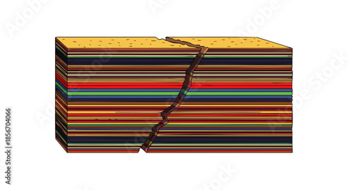 Cross-section illustration of geological strata fractured by a fault line, revealing distinct colorful layers of earth.