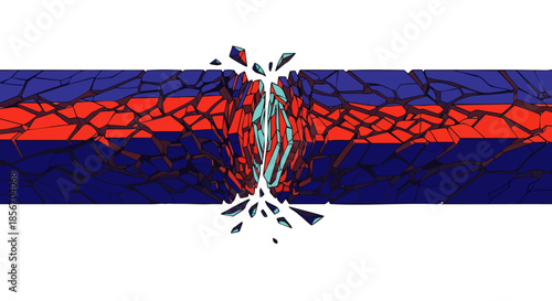 Abstract digital art depicts a vibrant blue and red striped surface shattering with a bright light emanating from the fractured center.