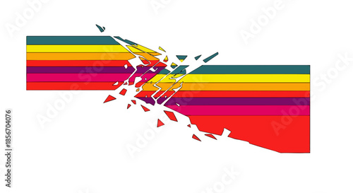 Abstract colorful stripes fragmenting into geometric shapes against a clean white background, representing disruption and change.