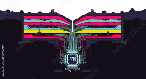 Vibrant abstract layers of digital information are meticulously processed and channeled into a central, glowing technological core, symbolizing complex data flow.