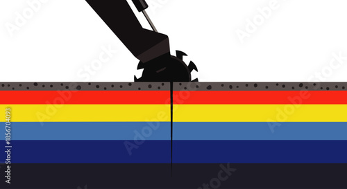 Heavy machinery cuts through colorful layers of earth and asphalt, symbolizing excavation and construction.