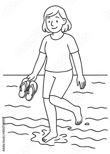 coloring book mother walking barefoot in shallow seawater holding sandals