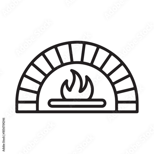 A simple outline drawing depicting a traditional brick oven with flames