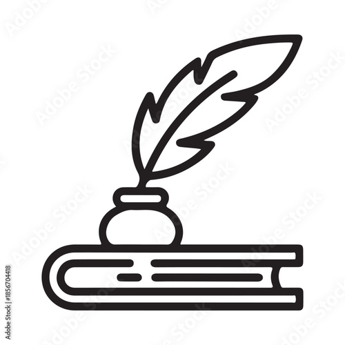 A simple black and white line drawing of a quill inkwell and book