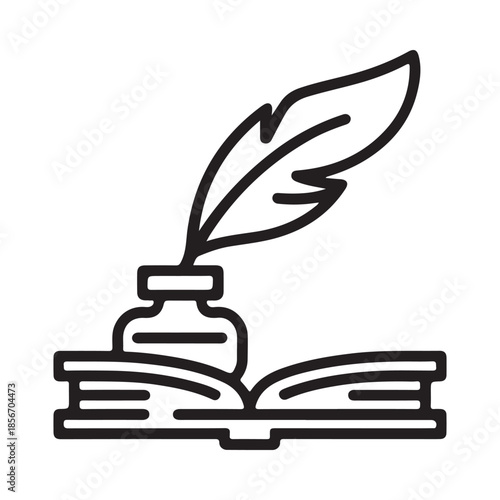 A simple line drawing of a quill inkwell and open book