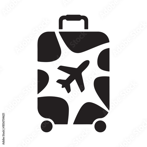 A black and white suitcase icon featuring a plane and abstract shapes