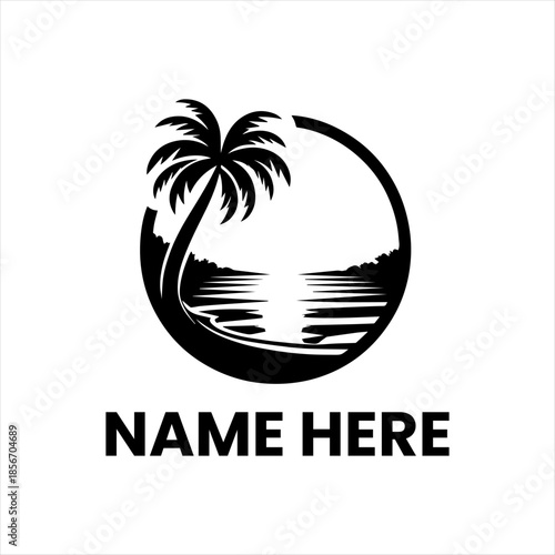 Exotic Tropical Island Paradise Logo with Palm Tree and Ocean Reflection for Tourism and Travel Businesses