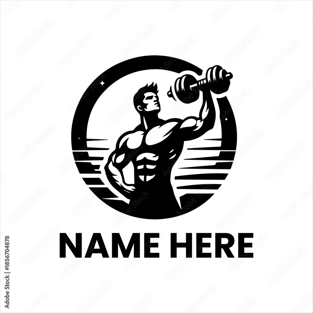 Fototapeta premium Dynamic illustration of a strong muscular man engaged in intense weightlifting with a dumbbell, symbolizing power, fitness, and dedication to bodybuilding and gym workouts