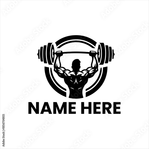 Strong bodybuilder lifting a heavy barbell overhead in a powerful circular emblem, ideal for modern fitness branding, gym logos, and athletic training services