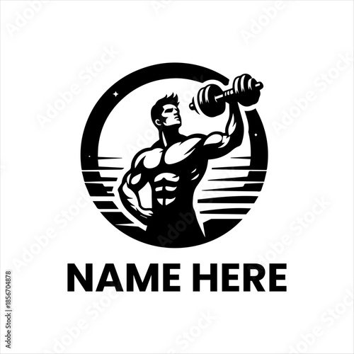 Dynamic illustration of a strong muscular man engaged in intense weightlifting with a dumbbell, symbolizing power, fitness, and dedication to bodybuilding and gym workouts