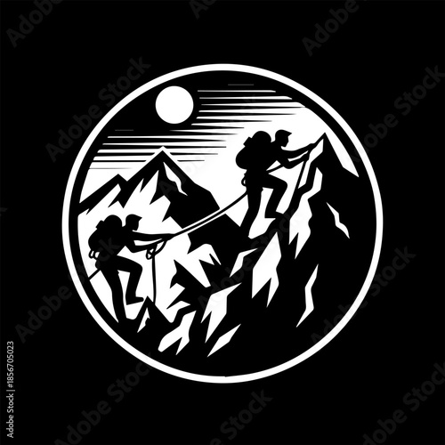 Two Climbers Ascending A Steep Mountain Peak With A Rope In A Circular Emblem Design