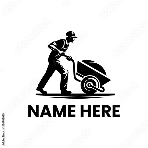A sleek and powerful illustration of a man with a wheelbarrow, conveying dedication and effort in construction, suitable for a company logo or service branding