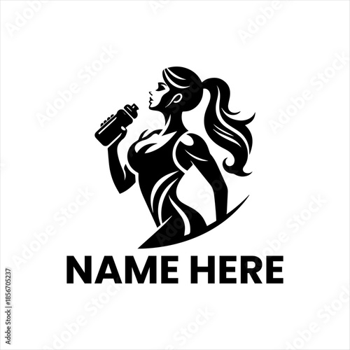 Fitness Woman Holding Water Bottle Logo - Customisable Text For Gym & Health Brands