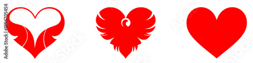 Set of three red heart icons in different stylized designs isolated on white background representing love romance and affection.