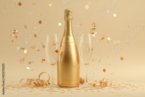 Golden Champagne Bottle with Two Flutes and Confetti for Celebration Decor