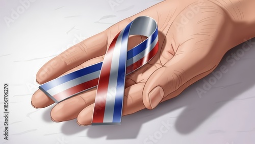 Hand holding a red white and blue ribbon symbolizing support and patriotism.