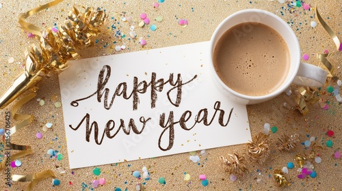 A cup of coffee with Happy New Year lettering on a glittery background with confetti and party poppers for festive celebrations.